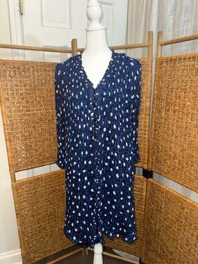 Diane Von Furstenberg Blue Printed Midi Dress Sheer Sleeve Size M